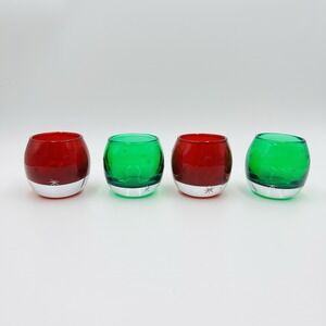 Votive Holder Set Etched Starburst Red Green Glass Hand Blown Poland Christmas